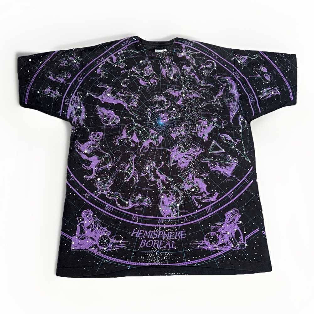 Vintage 90s Liquid Blue T Shirt XL Constellations Zodiac‎ Astrology AOP